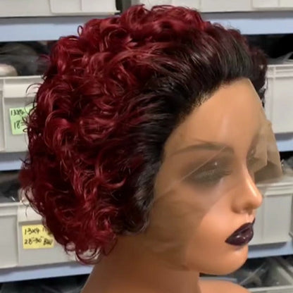 Chic Ombre Curly Pixie Cut Lace Front Wig - 8 Inch Brazilian Hair