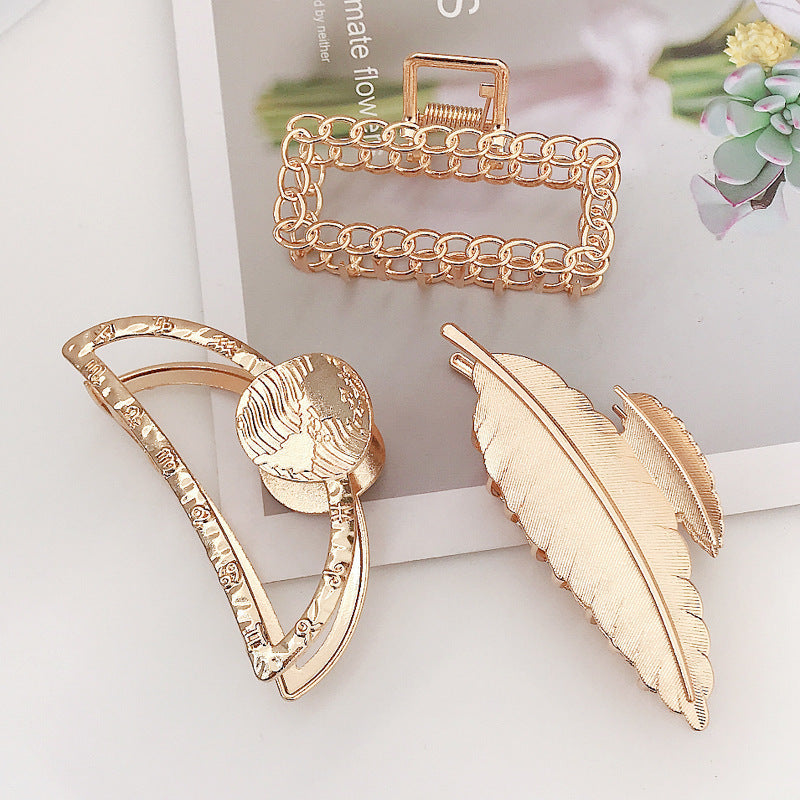 Gold-Plated European & American Style Metal Leaf Spring Hair Clip – Geometric Grasping Clip for Women