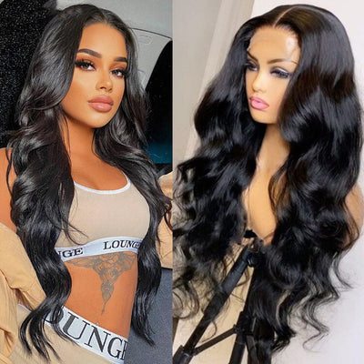 Star Fashion Black Body Wave Headgear - Real Human Hair with Long Bangs for Ms.