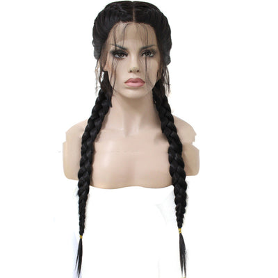 Black Braid Front Lace Wig - Long Straight Hair with Baby Hair, High-Temperature Fiber