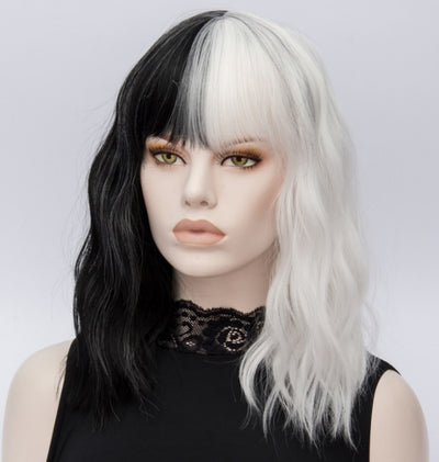 Similler Kinky White and Black Stitched Short Wig with Qi Bangs – Synthetic Hair for Cosplay