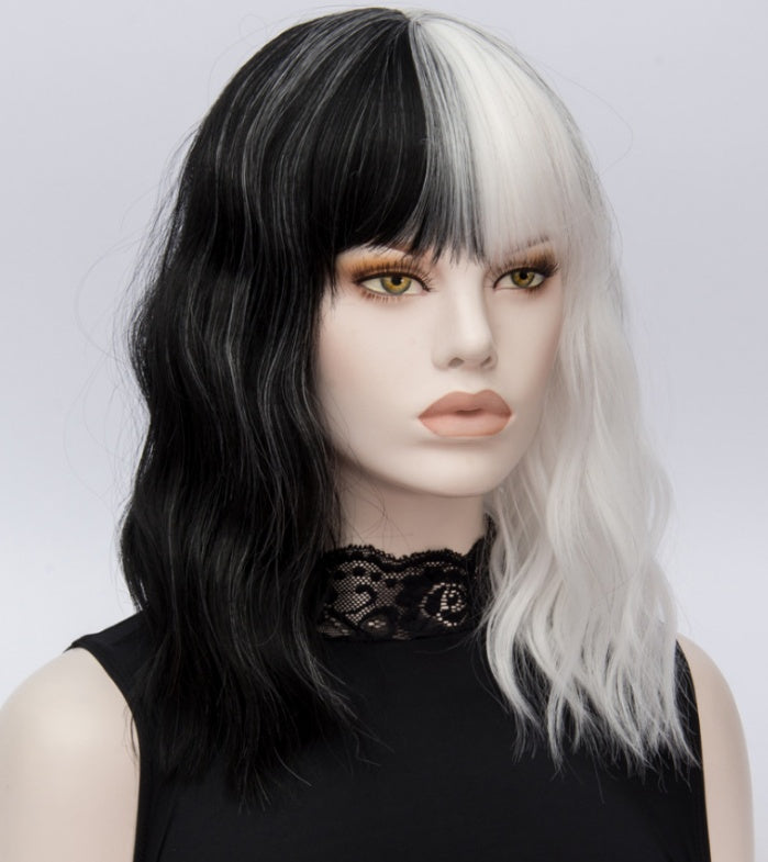 Similler Kinky White and Black Stitched Short Wig with Qi Bangs – Synthetic Hair for Cosplay