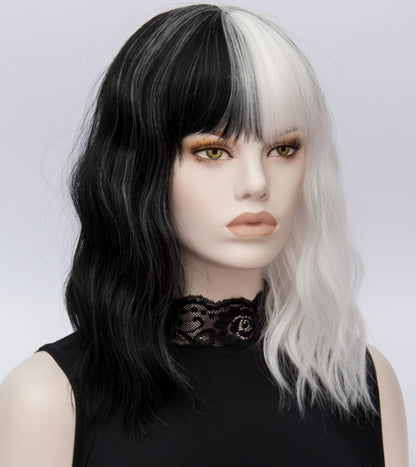 Similler Kinky White and Black Stitched Short Wig with Qi Bangs – Synthetic Hair for Cosplay