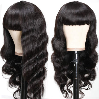 Premium Black Human Hair Wig with Versatile Bangs - Star Fashion Long Curly Hairstyle