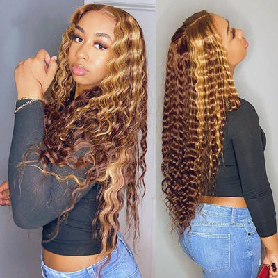 Elegant Natural Curly Deep Wave Lace Wig - Real Hair, Piano-Color Styling, Dyeable