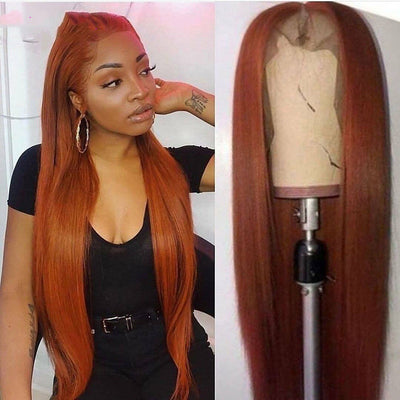 Dark Orange Straight Lace Wig – 13x4 Human Hair, Star Fashion Style, Dyeable, Medium to Long Length, Slanted Bangs