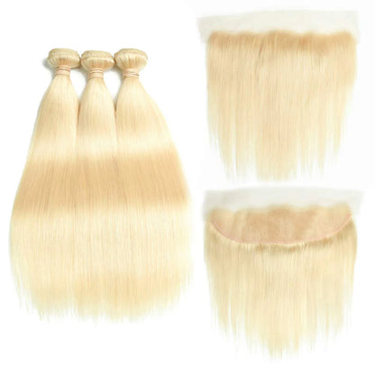 Hair #613 Blonde Straight Human Hair 3 Bundles with 13x4 Frontal