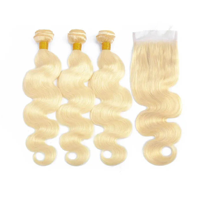 Hair #613 Blonde Body Wave 3 Bundles with 4x4 Transparent Lace Closure