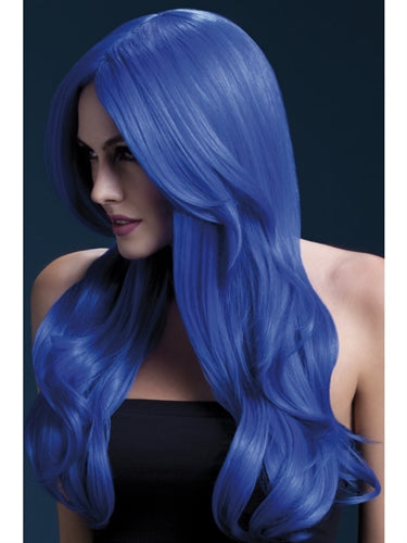 Neon Blue Long Wave Synthetic Wig - Center Parting, 26" Heat Resistant