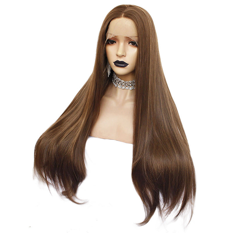 26-Inch Brown Curly Wig – 180 Density Matte High-Temperature Silk, Front Lace Mesh, Half Hand-Woven, European & American Style