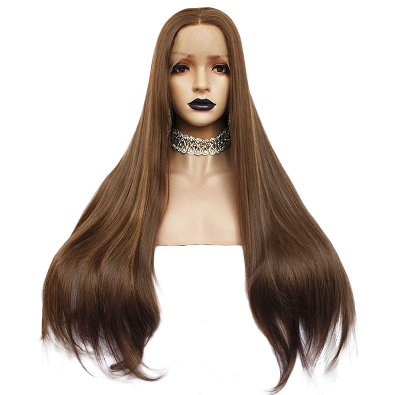 26-Inch Brown Curly Wig – 180 Density Matte High-Temperature Silk, Front Lace Mesh, Half Hand-Woven, European & American Style