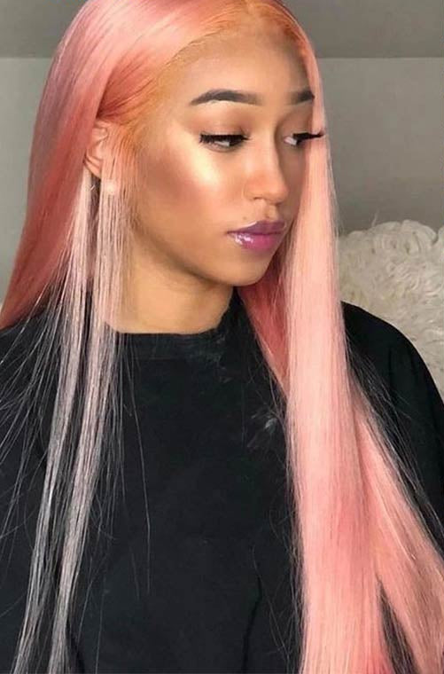 26-Inch Straight Peruvian Human Hair Wig – Medium Density, Pink Color, Hand-Tied Swiss Lace