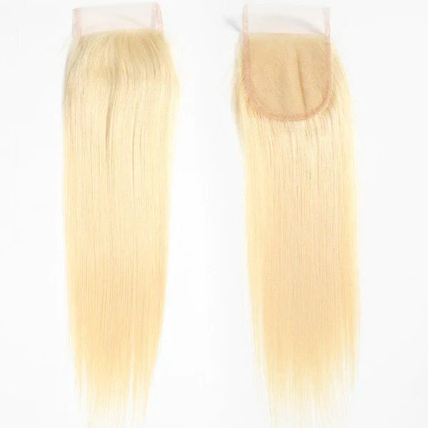 Hair #613 Blonde Straight 3 Bundles with 4x4 Transparent Lace Closure