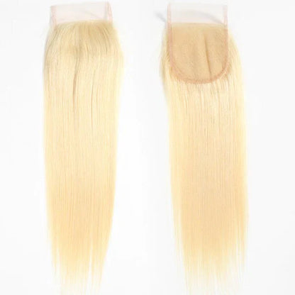 Hair #613 Blonde Straight 3 Bundles with 4x4 Transparent Lace Closure