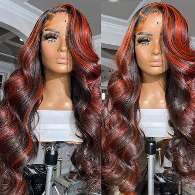 Stunning Burgundy Highlight Lace Frontal Wig – Real Human Hair with Versatile Closure Options