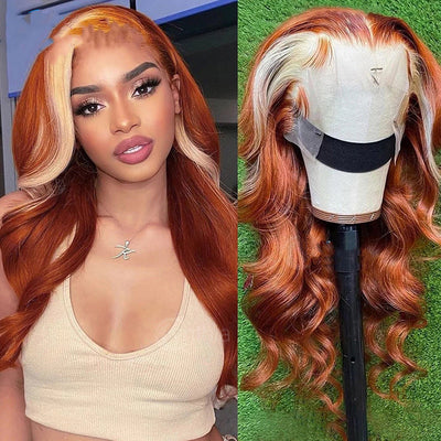 Front Lace Head Cover Wig | 350 Highlights Two Strands | Body Wave Real Human Hair | Medium Long Length