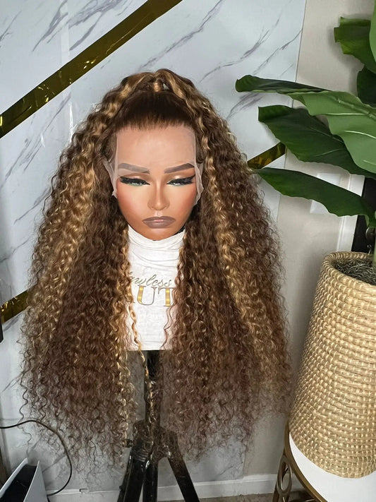 Hair Highlight 4/27 Brown Color Water Wave Wig 13x4 Lace Front Human Hair Wig