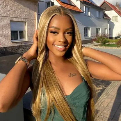 Hair Highlight 4/27 Straight Lace Front Wig Honey Blonde 13x4 Human Hair Wigs