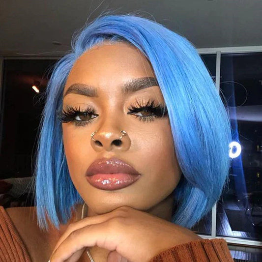 XBL Hair 13x6 Light Blue Straight Bob Wig Short Wig Sky Blue Lace Frontal Human Hair Wig