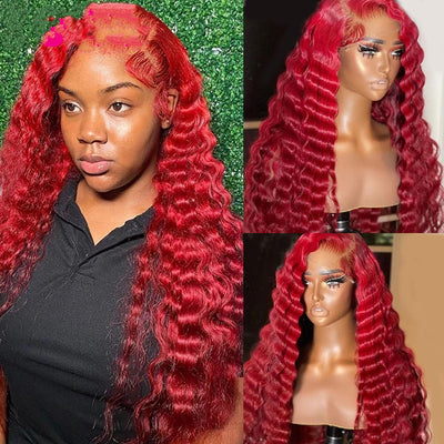 Exotic Red Deep Wave Human Hair Wig – Fully Hand-Woven Luxury