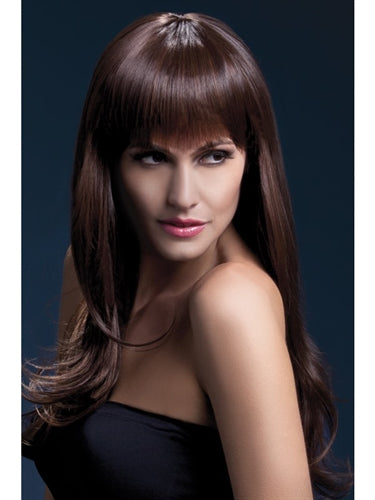 Elegant Long Feathered Brown Wig with Fringe – Heat Resistant and Stylish