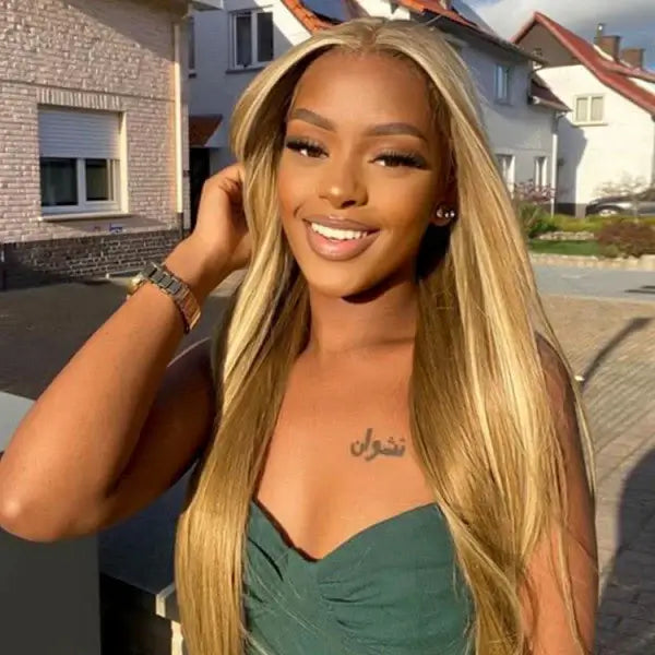 Hair Highlight 4/27 Straight Lace Front Wig Honey Blonde 13x4 Human Hair Wigs