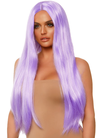 33" Long Straight Lavender Wig – Center Part Synthetic Hair Wig in Display Bag Packaging