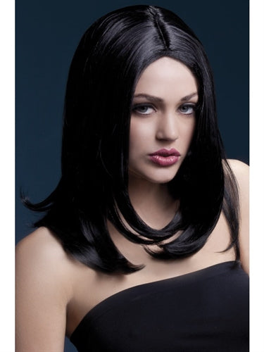 Elegant Black Long Layered Wig with Centre Parting – Professional Synthetic Hair