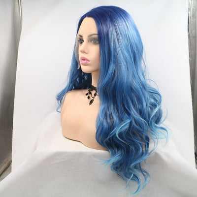 Matte Blue Long Curly Hair Wig with Middle Part and Front Lace - Fashionable Chemical Fiber Design