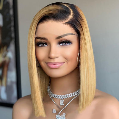 Luxurious Ombre Straight Human Hair Short Bob - Star Fashion Half Lace Wig