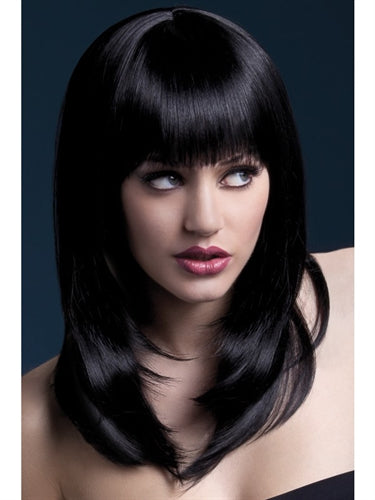 Black Feathered Cut Synthetic Wig with Fringe - 19", Heat Resistant