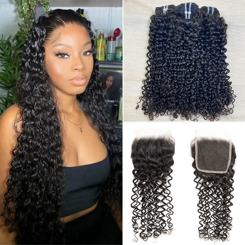 Hair Curly Hair 100% Human Hair 3 Bundles With 4x4 Lace Closure