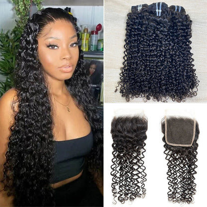 Hair Curly Hair 100% Human Hair 3 Bundles With 4x4 Lace Closure