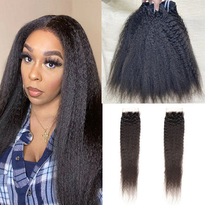 Hair 9A/10A12A Kinky Straight 6x6 HD Closure With 3 Humann Hair Bundles