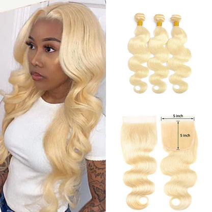 Hair #613 Blonde Body Wave Hair 3 Bundles with 5x5 HD Closure