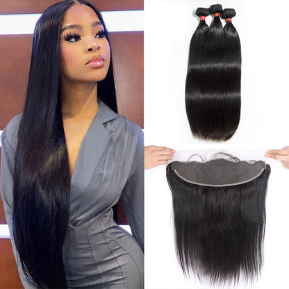 Hair 9A/10A/12A Straight Human Hair 3 Bundles with 13x4 Lace Frontal