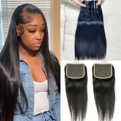 Hair 9A/10A12A Straight Silky Straight Full 3 Human Hair Bundles With with 6x6 HD Closure
