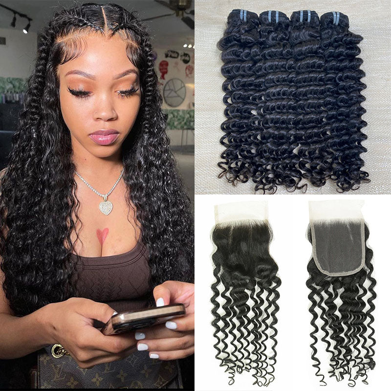 Hair Deep Wave Hair 3 Bundles with 4x4 Lace Closure Human Hair