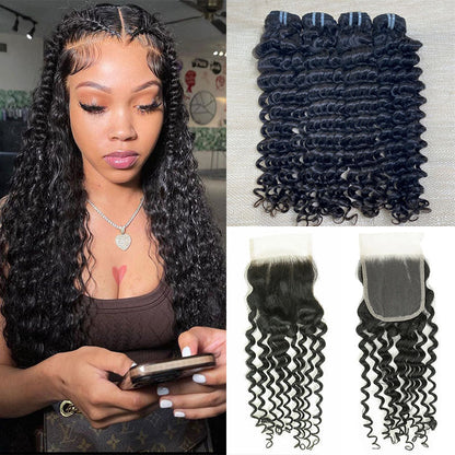 Hair Deep Wave Hair 3 Bundles with 4x4 Lace Closure Human Hair