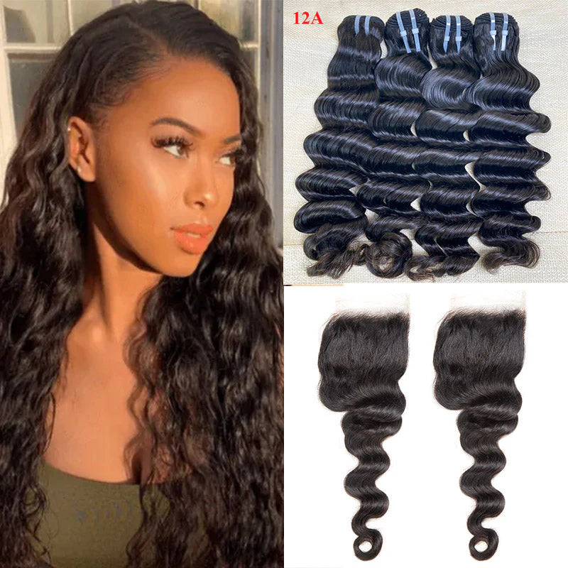 Hair 9A/10A12A Loose Deep 3 Bundles Human Hair With with 6x6 HD Closure