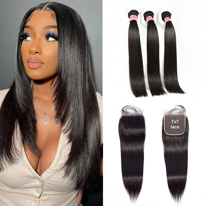 Hair 9A/10A12A 7x7 HD Closure with 3 Straight Human Hair Bundles