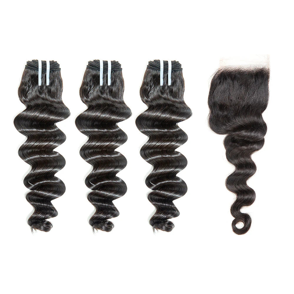 Hair 9A/10A12A 5x5 Lace Closure with 3 Bundles Loose Deep Virgin Human Hair Bundles