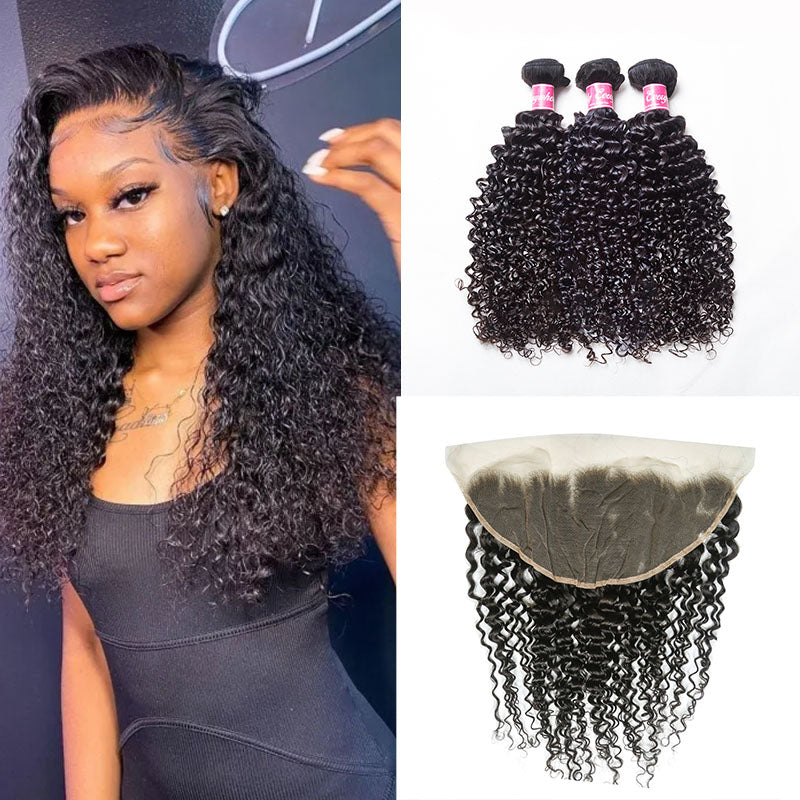 Hair 9A/10A/12A Curly 3 Bundles with 13x6 Frontal with Preplucked Hairline