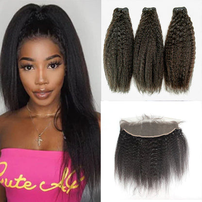 Hair 9A/10A/12A Kinky Straight Human Hair 3 Bundles with 13x4 Lace Frontal