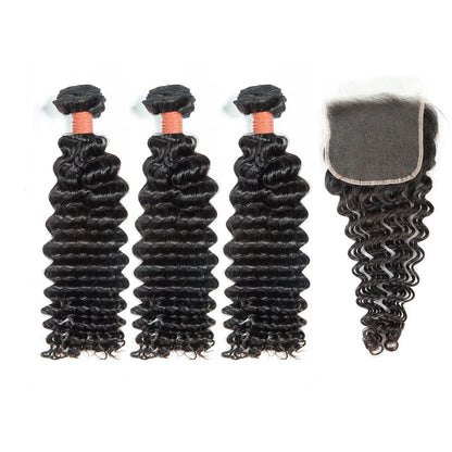 Hair 9A/10A12A Soft And Full Deep Wave Hair 3 Bundles with 5x5 Lace Closure