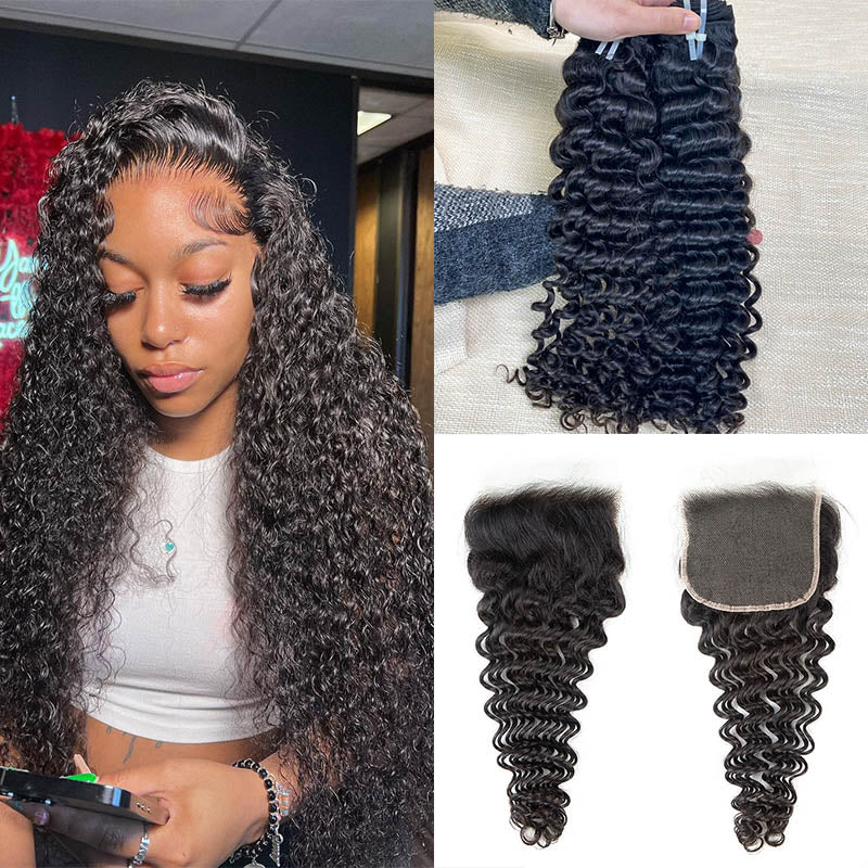 Hair 9A/10A12A Deep Wave Thick 3 Human Hair Bundles With with 6x6 HD Closure
