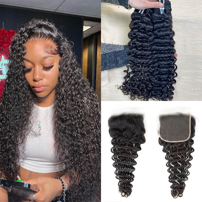Hair 9A/10A12A Deep Wave Thick 3 Human Hair Bundles With with 6x6 HD Closure