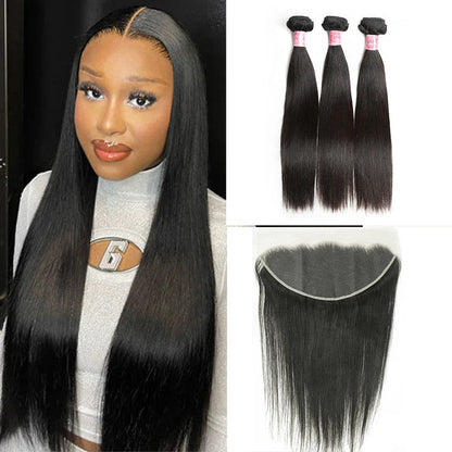 Hair 9A/10A/12A Straight 3 Bundles with 13x6 Frontal with Preplucked Hairline