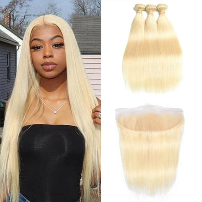 Hair #613 Blonde Straight Human Hair 3 Bundles with 13x4 Frontal