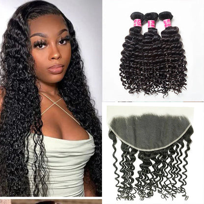 Hair 9A/10A/12A Deep Wave 3 Bundles with 13x6 Frontal with Preplucked Hairline